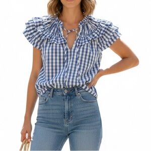 Buddy Love Blue Checkered Ruffle Blouse.100%Cotton.size. S